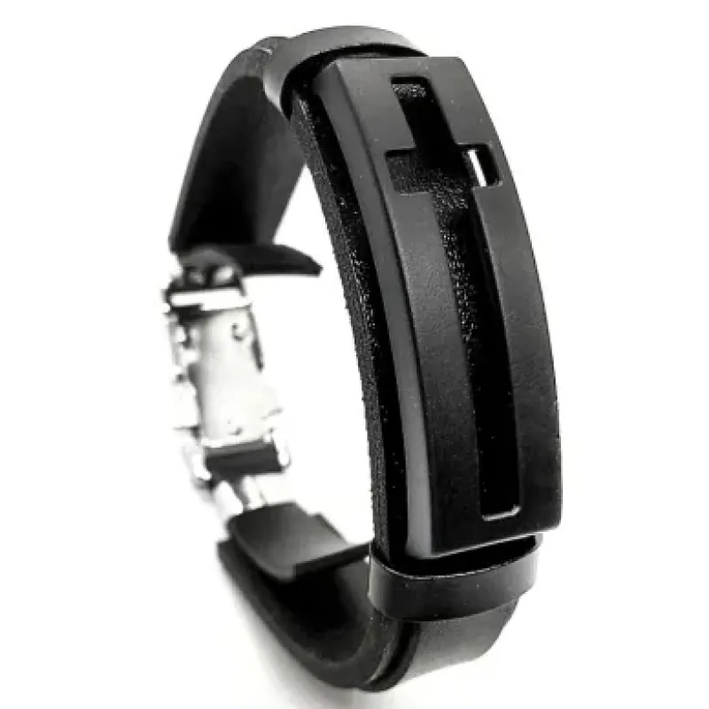 PULSEIRA MASCULINA CRUZ VAZADA COURO PRETO