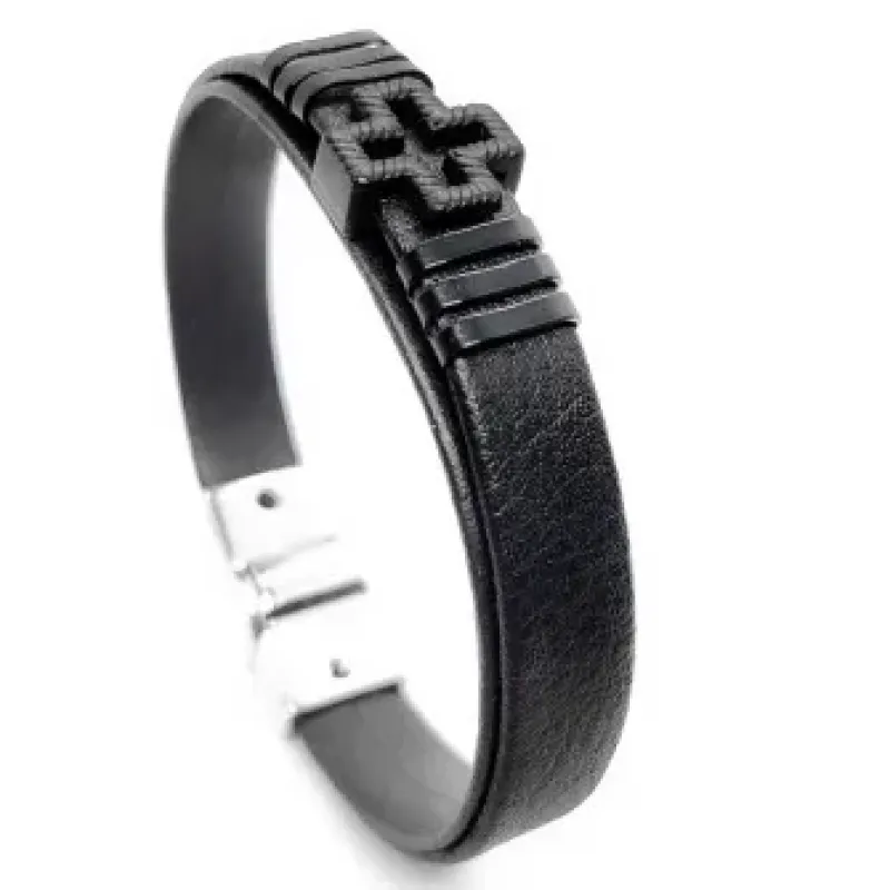 PULSEIRA MASCULINA CRUZ VAZADA COURO PRETO