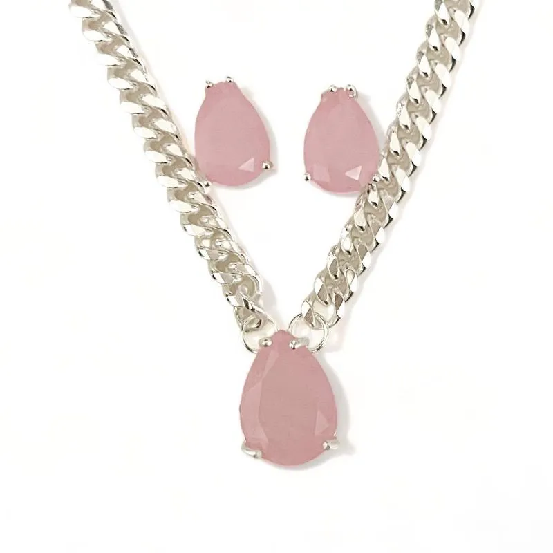 CONJUNTO COLAR ELOS GROUMET GOTA PEDRA QUARTZO ROSA