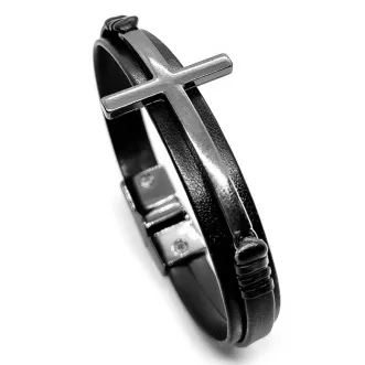 PULSEIRA MASCULINA CRUZ GRAFITE COURO PRETO