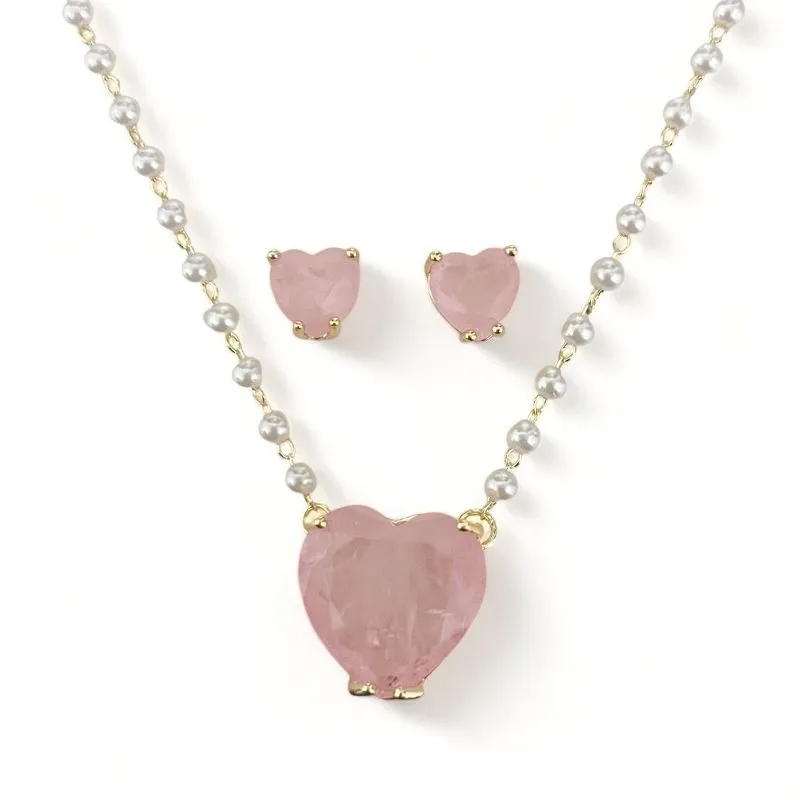 CONJUNTO COLAR PEROLA PEDRA CORAÇÃO QUARTZO ROSA